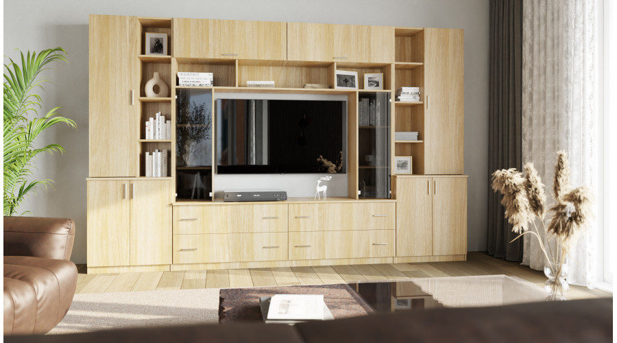 Erdvi sieninė spintelė su atviromis lentynomis, stalčiais ir spintelėmis, 340 × 220 cm, Dąb Amerykański – MODENA — изображение 2