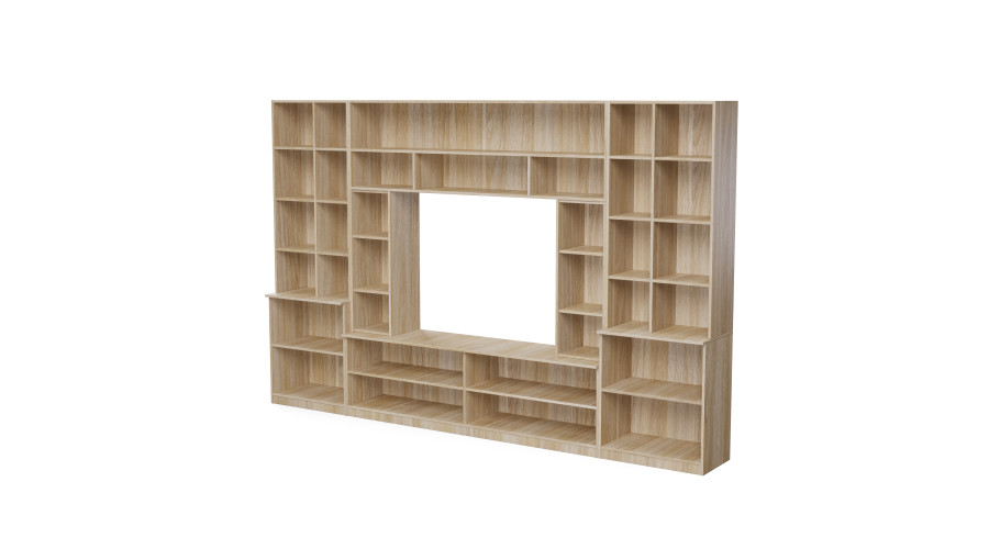 Erdvi sieninė spintelė su atviromis lentynomis, stalčiais ir spintelėmis, 340 × 220 cm, Dąb Amerykański – MODENA — изображение 3