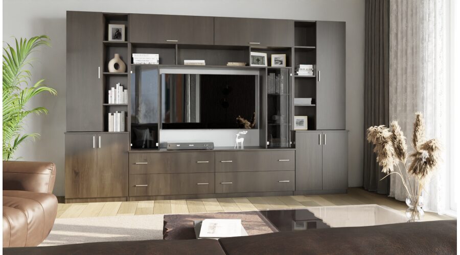 Erdvi sieninė spintelė su atviromis lentynomis, stalčiais ir spintelėmis, 340 × 220 cm, Dąb Carpenter Coffee – MODENA — изображение 2