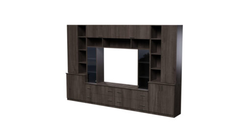 Erdvi sieninė spintelė su atviromis lentynomis, stalčiais ir spintelėmis, 340 × 220 cm, Dąb Carpenter Coffee – MODENA