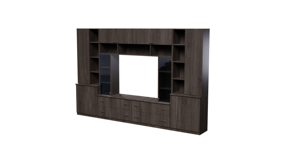 Erdvi sieninė spintelė su atviromis lentynomis, stalčiais ir spintelėmis, 340 × 220 cm, Dąb Carpenter Coffee – MODENA