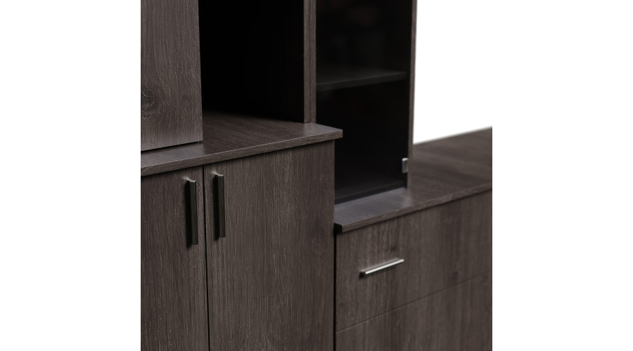 Erdvi sieninė spintelė su atviromis lentynomis, stalčiais ir spintelėmis, 340 × 220 cm, Dąb Carpenter Coffee – MODENA — изображение 4