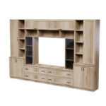 Erdvi sieninė spintelė su atviromis lentynomis, stalčiais ir spintelėmis, 340 × 220 cm, Dąb Grand Naturalny, MODENA