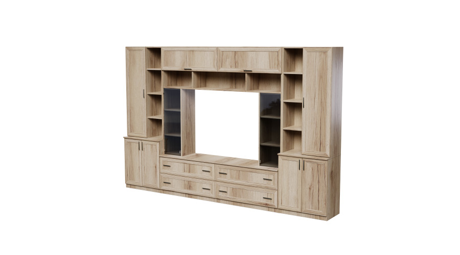 Erdvi sieninė spintelė su atviromis lentynomis, stalčiais ir spintelėmis, 340 × 220 cm, Dąb Grand Naturalny, MODENA