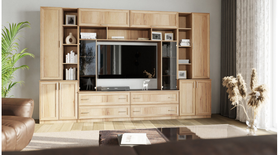 Erdvi sieninė spintelė su atviromis lentynomis, stalčiais ir spintelėmis, 340 × 220 cm, Dąb Grand Naturalny, MODENA — изображение 2