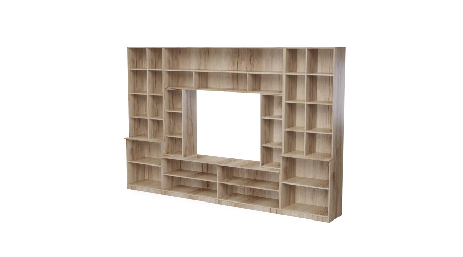 Erdvi sieninė spintelė su atviromis lentynomis, stalčiais ir spintelėmis, 340 × 220 cm, Dąb Grand Naturalny, MODENA — изображение 3