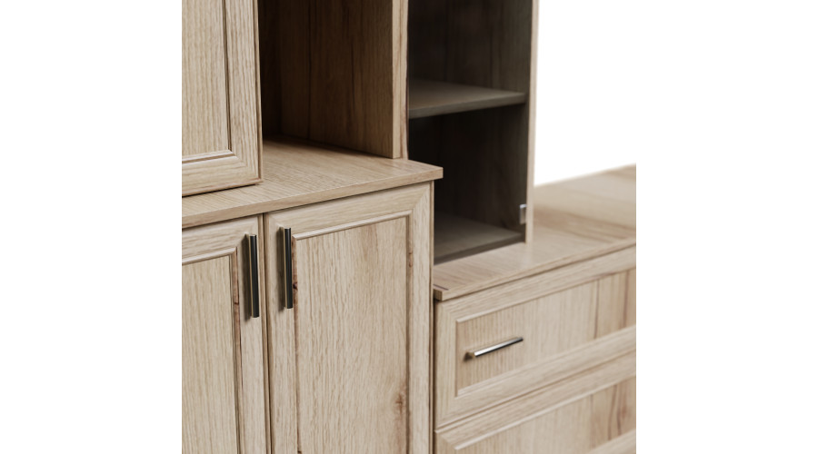 Erdvi sieninė spintelė su atviromis lentynomis, stalčiais ir spintelėmis, 340 × 220 cm, Dąb Grand Naturalny, MODENA — изображение 4