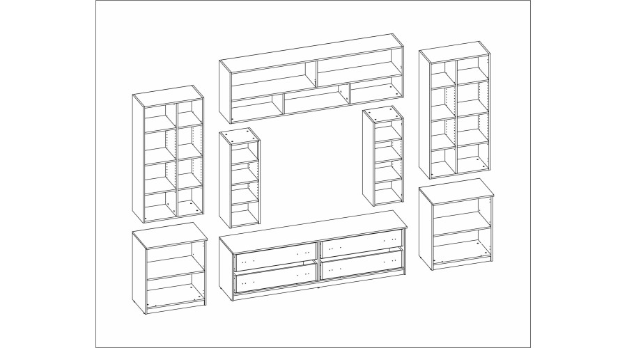 Erdvi sieninė spintelė su atviromis lentynomis, stalčiais ir spintelėmis, 340 × 220 cm, Dąb Grand Naturalny, MODENA — изображение 6