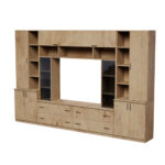 Erdvi sieninė spintelė su atviromis lentynomis, stalčiais ir spintelėmis, 340 × 220 cm, Dab Lancelot – MODENA