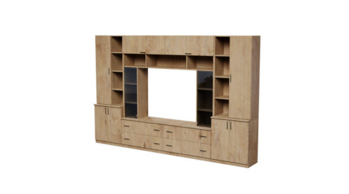 Erdvi sieninė spintelė su atviromis lentynomis, stalčiais ir spintelėmis, 340 × 220 cm, Dab Lancelot – MODENA