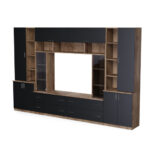 Erdvi sieninė spintelė su atviromis lentynomis, stalčiais ir spintelėmis, 340 × 220 cm, Dąb Lefkas / Czarny Onyx – MODENA