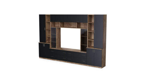 Erdvi sieninė spintelė su atviromis lentynomis, stalčiais ir spintelėmis, 340 × 220 cm, Dąb Lefkas / Czarny Onyx – MODENA