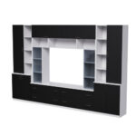 Erdvi sieninė spintelė su atviromis lentynomis, stalčiais ir spintelėmis, 340 × 220 cm, Śnieżna Biel / Czarny Onyx – MODENA