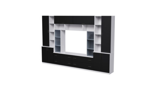 Erdvi sieninė spintelė su atviromis lentynomis, stalčiais ir spintelėmis, 340 × 220 cm, Śnieżna Biel / Czarny Onyx – MODENA