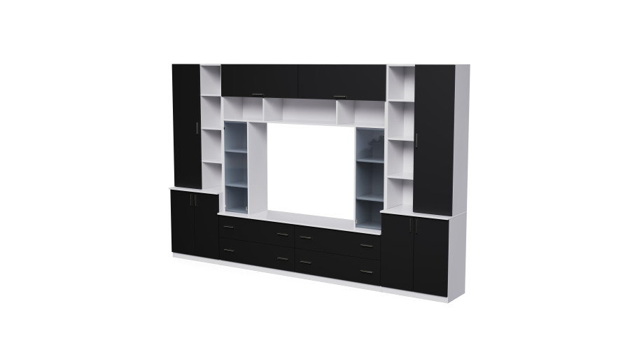 Erdvi sieninė spintelė su atviromis lentynomis, stalčiais ir spintelėmis, 340 × 220 cm, Śnieżna Biel / Czarny Onyx – MODENA