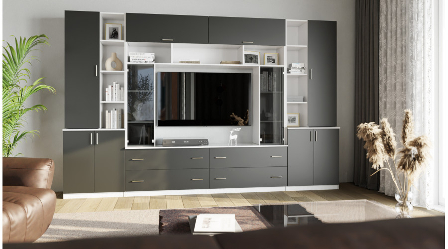 Erdvi sieninė spintelė su atviromis lentynomis, stalčiais ir spintelėmis, 340 × 220 cm, Śnieżna Biel / Czarny Onyx – MODENA — изображение 2