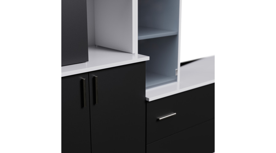 Erdvi sieninė spintelė su atviromis lentynomis, stalčiais ir spintelėmis, 340 × 220 cm, Śnieżna Biel / Czarny Onyx – MODENA — изображение 4