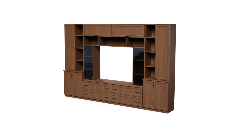 Erdvi sieninė spintelė su atviromis lentynomis, stalčiais ir spintelėmis 340 × 220 cm Wiśnia Porto – MODENA