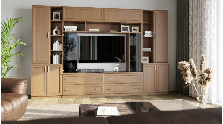 Erdvi sieninė spintelė su atviromis lentynomis, stalčiais ir spintelėmis 340 × 220 cm Wiśnia Porto – MODENA — изображение 2