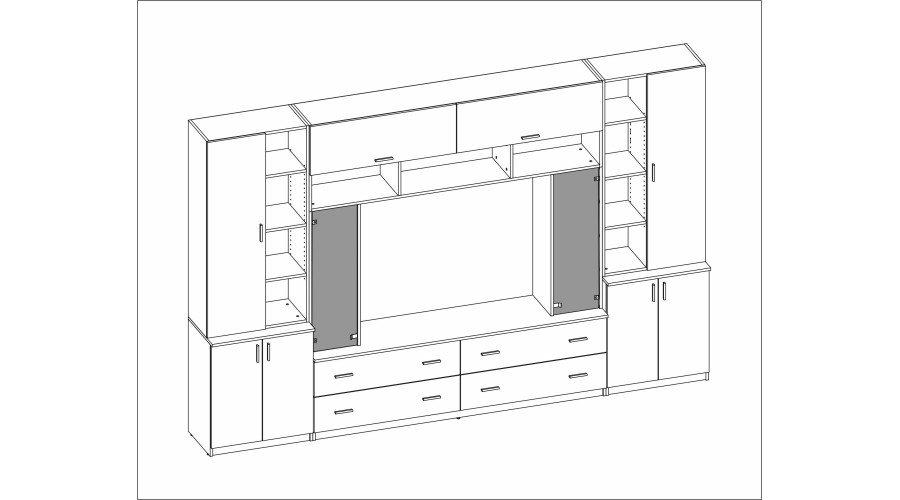Erdvi sieninė spintelė su atviromis lentynomis, stalčiais ir spintelėmis 340 × 220 cm Wiśnia Porto – MODENA — изображение 7