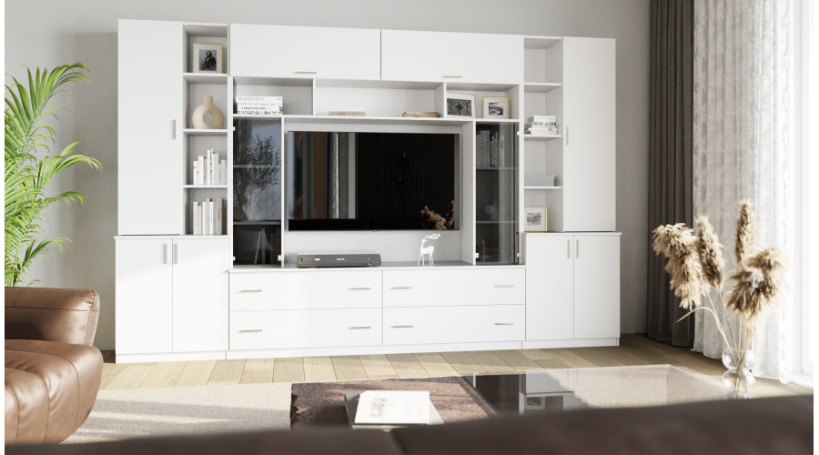 Erdvi sieninė spintelė su atviromis lentynomis, stalčiais ir spintelėmis 340 × 220 cm Biel – MODENA — изображение 2