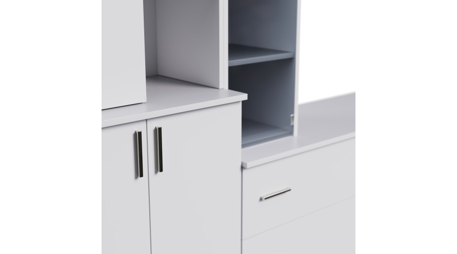 Erdvi sieninė spintelė su atviromis lentynomis, stalčiais ir spintelėmis 340 × 220 cm Biel – MODENA — изображение 4