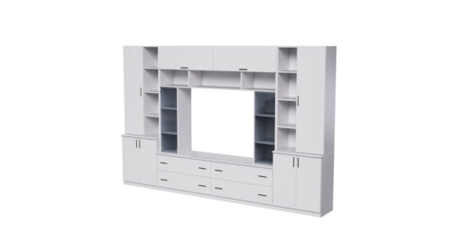 Erdvi sieninė spintelė su atviromis lentynomis, stalčiais ir spintelėmis 340 × 220 cm Biel – MODENA