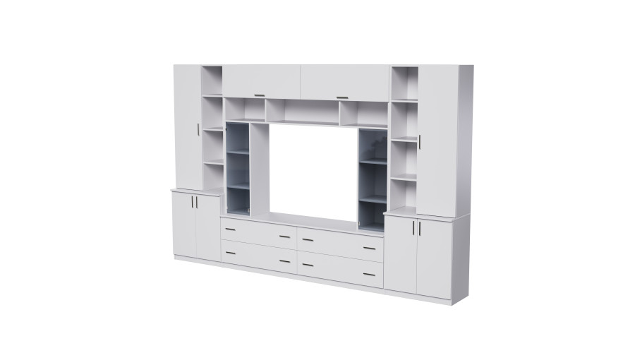Erdvi sieninė spintelė su atviromis lentynomis, stalčiais ir spintelėmis 340 × 220 cm Biel – MODENA