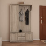 Prieškambaris 120 - prieškambario spinta su sėdyne, stalčiais, uždaromis lentynomis