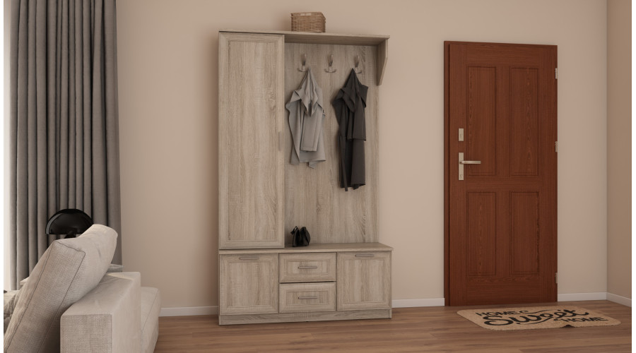 Prieškambaris 120 - prieškambario spinta su sėdyne, stalčiais, uždaromis lentynomis