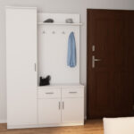 Prieškambaris 130 - prieškambario spinta su sėdyne, stalčiais, uždaromis lentynomis, pakaba