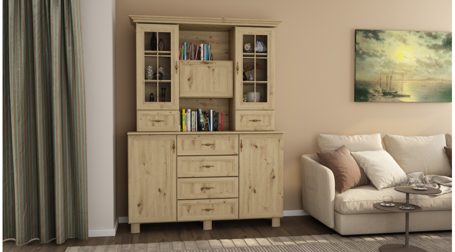 Stiklinė vitrina su spintelėmis ir stalčiais, 150 cm, Dab Artisan – VERA - Paveikslėlis 2