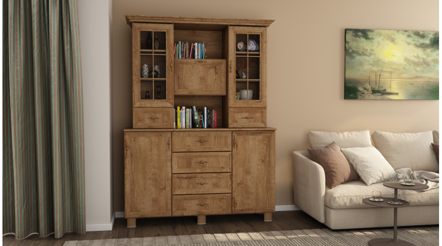 Stiklinė vitrina su spintelėmis ir stalčiais, 150 cm, Dąb Lefkas – VERA — изображение 2