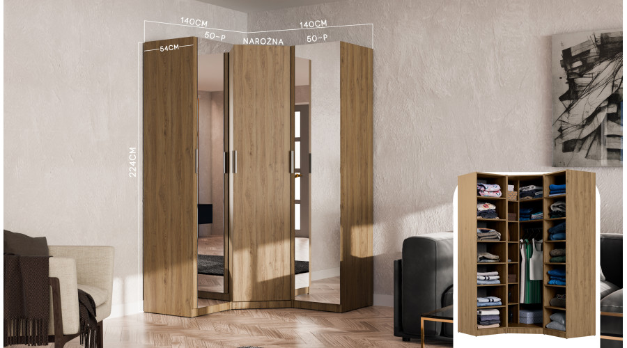 Modulinė kampinė spinta 278 cm su veidrodžiais Carpenter Whiskey Oak - MAX Premium komplektas - Paveikslėlis 2
