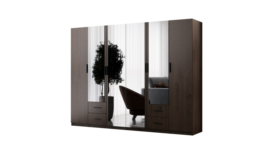 300 cm modulinė spinta su veidrodžiais Okapi riešuto spalvos - MAX Premium komplektas