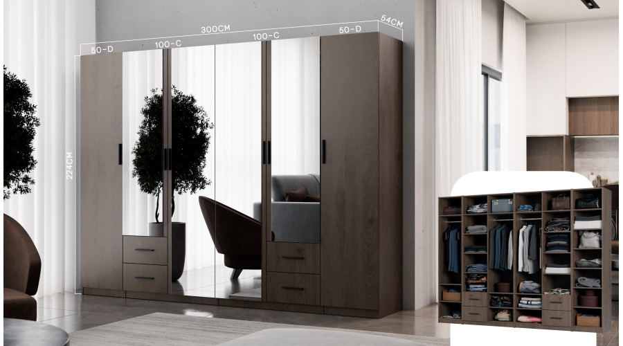 300 cm modulinė spinta su veidrodžiais Okapi riešuto spalvos - MAX Premium komplektas - Paveikslėlis 2