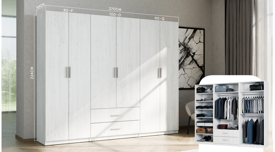 Modulinė spinta 100x225 cm su strypu, stalčiais ir lentynomis – MAX Premium "D" - Paveikslėlis 4