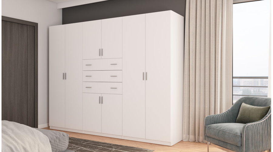 Spinta 225/210 - drabužių kabykla, vidinės lentynos, išoriniai stalčiai