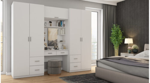 Spinta 255/210 – drabužių kabyklos, vidinės lentynos, erdvūs stalčiai, tualetinis staliukas