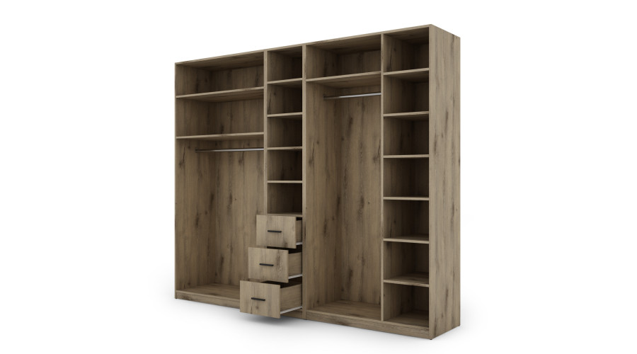 Spinta 260/220 - drabužių kabyklos, vidinės lentynos, išoriniai stalčiai, atviros nišos — изображение 2