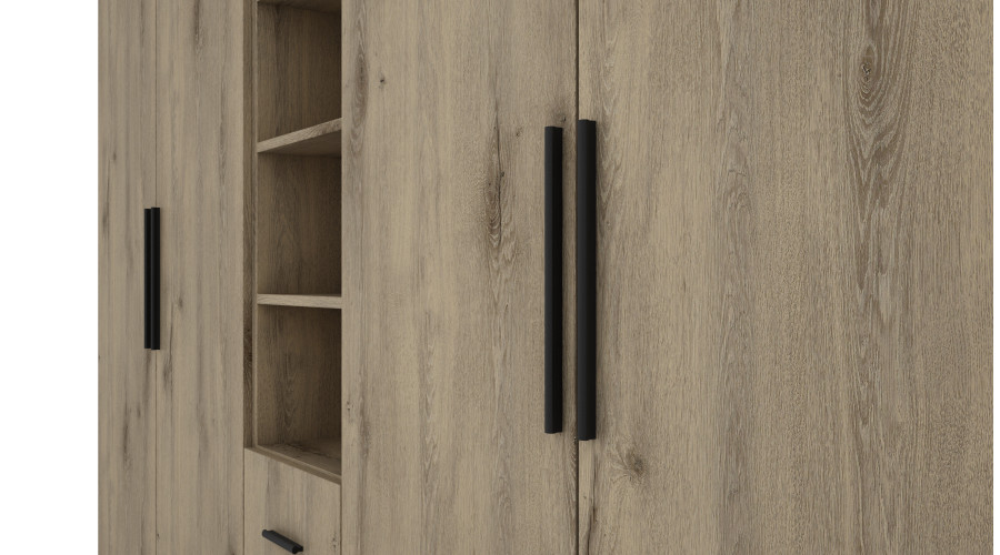 Spinta 260/220 - drabužių kabyklos, vidinės lentynos, išoriniai stalčiai, atviros nišos — изображение 3
