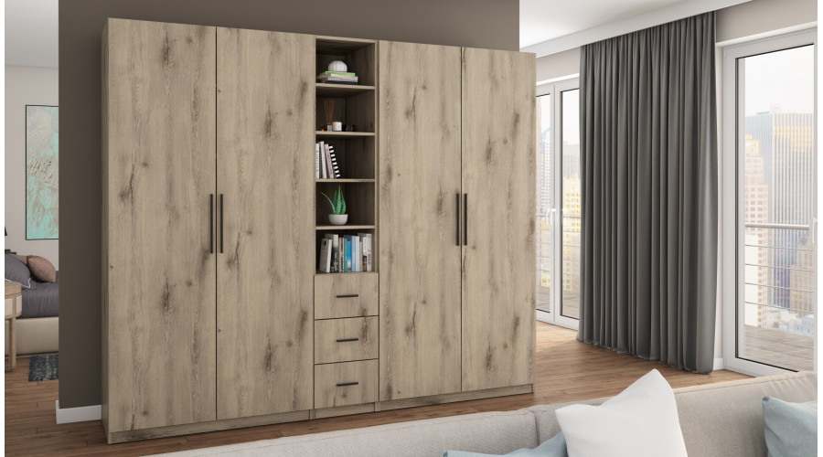 Spinta 260/220 - drabužių kabyklos, vidinės lentynos, išoriniai stalčiai, atviros nišos