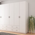 Spinta 270/220 - drabužių kabykla, vidinės lentynos, 6 erdvūs stalčiai