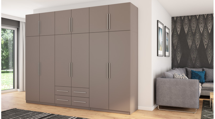 Spinta 300/240 - drabužių kabyklos, vidinės lentynos, erdvūs išoriniai stalčiai