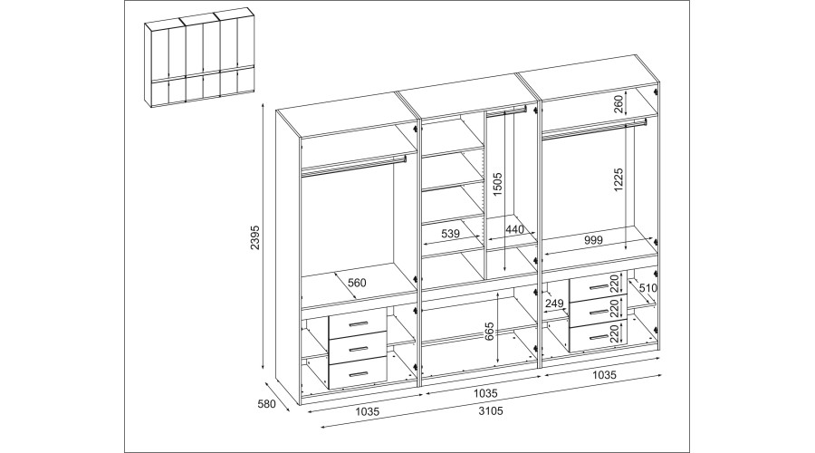 Spinta 310/240 - drabužių kabyklos, vidinės lentynos, vidiniai stalčiai, veidrodis — изображение 4