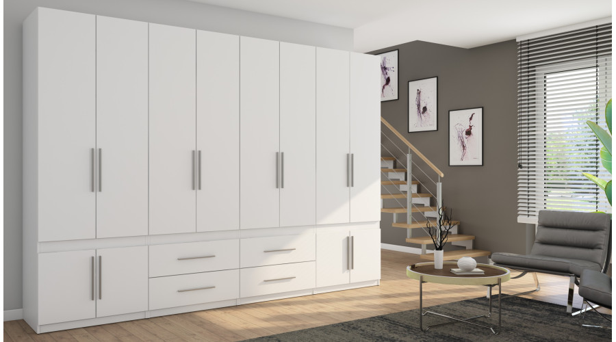 Spinta 320/230 - drabužių kabykla, vidinės lentynos, išoriniai stalčiai, veidrodis