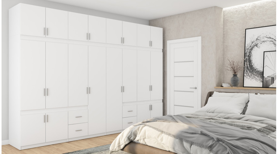 Spinta 340/240 - drabužių kabyklos, vidinės lentynos, erdvūs išoriniai stalčiai