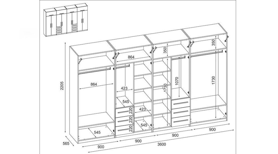 Spinta 360/220 - drabužių kabyklos, vidinės lentynos, išoriniai stalčiai, spintelės, veidrodis — изображение 6