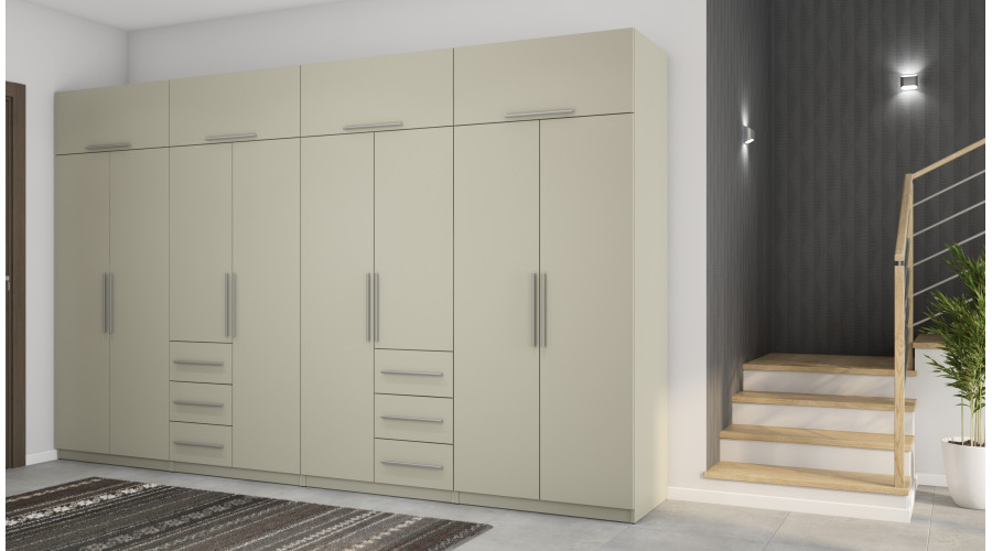 Spinta 360/220 - drabužių kabyklos, vidinės lentynos, isoriniai stalčiai, spintelės, veidrodis