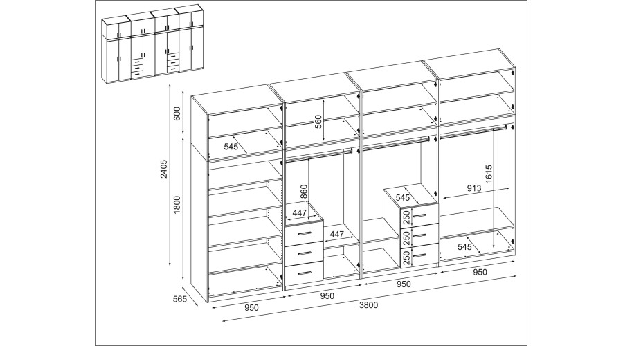 Spinta 380/240 - drabužių kabyklos, vidinės lentynos, erdvūs išoriniai stalčiai - Paveikslėlis 6